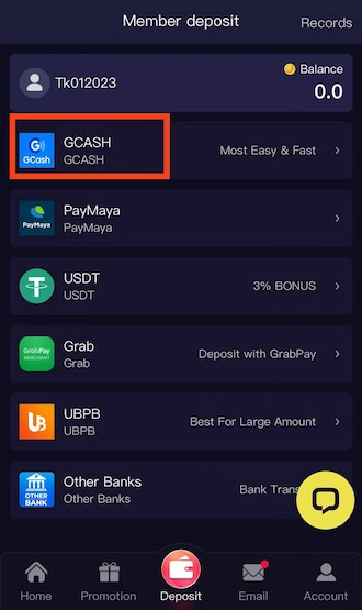 Step 2: The system will transfer you to the deposit interface, here you choose the deposit method via GCASH.