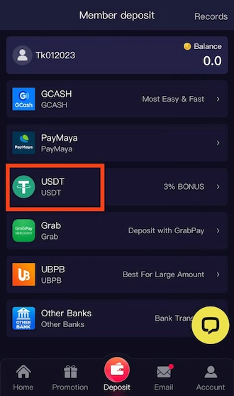 Step 2: In the deposit interface, bettors should choose the deposit method as USDT.