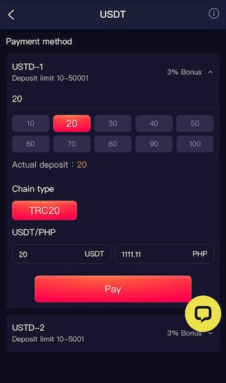 Step 3: Please choose a suitable USDT payment channel. Then select the amount you want to deposit, select the chain type,