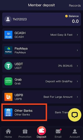 Step 1: First, go to the Deposit section, then select the deposit method "Other Bank".