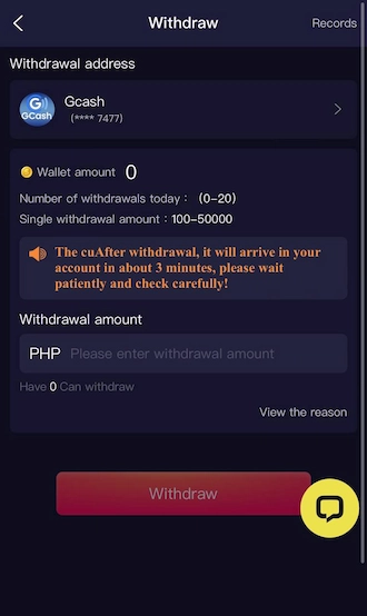 Step 6: Players please select the withdrawal address, fill in the withdrawal amount, and click "Withdraw" to send the withdrawal request.